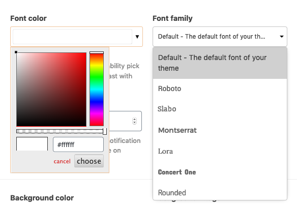 Colorpicker and font family select